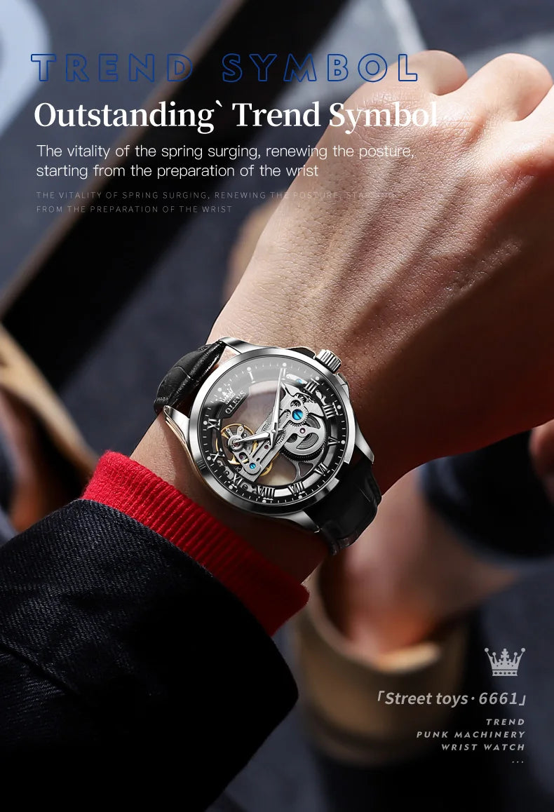 OLEVS Couple Watches Original Fully Transparent Skeleton Automatic Mechanical Watches For Men Women Lover's Gift Luxury Watches