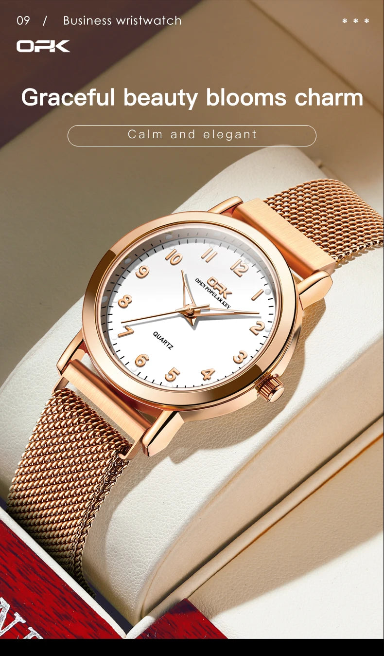 OPK 8115 Women Watch Fashion Business Simple Stainless Steel Mesh Belt Waterproof Luminous Women Watch Elegant Dress Women Watch