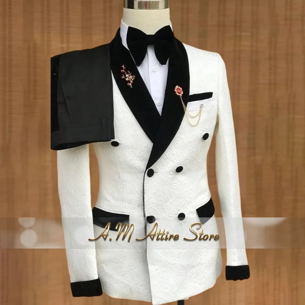 Luxury Wedding Attire for Men Tailored White Jacquard Suit with Black Velvet Shawl Lapel Accents for Grooms & Bridal Party 2PCS