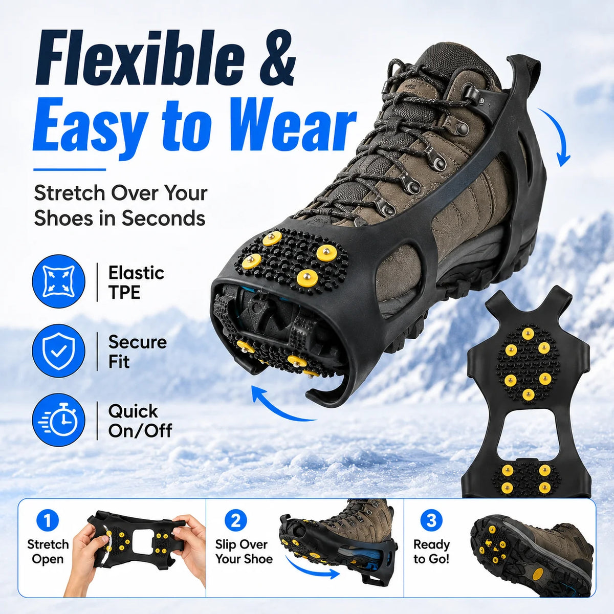 Anti Slip Ice Cleats Shoe Covers 10 Stud Snow Grips Winter Traction Crampons for Boots Hiking Walking Outdoor Safety Gear Unisex