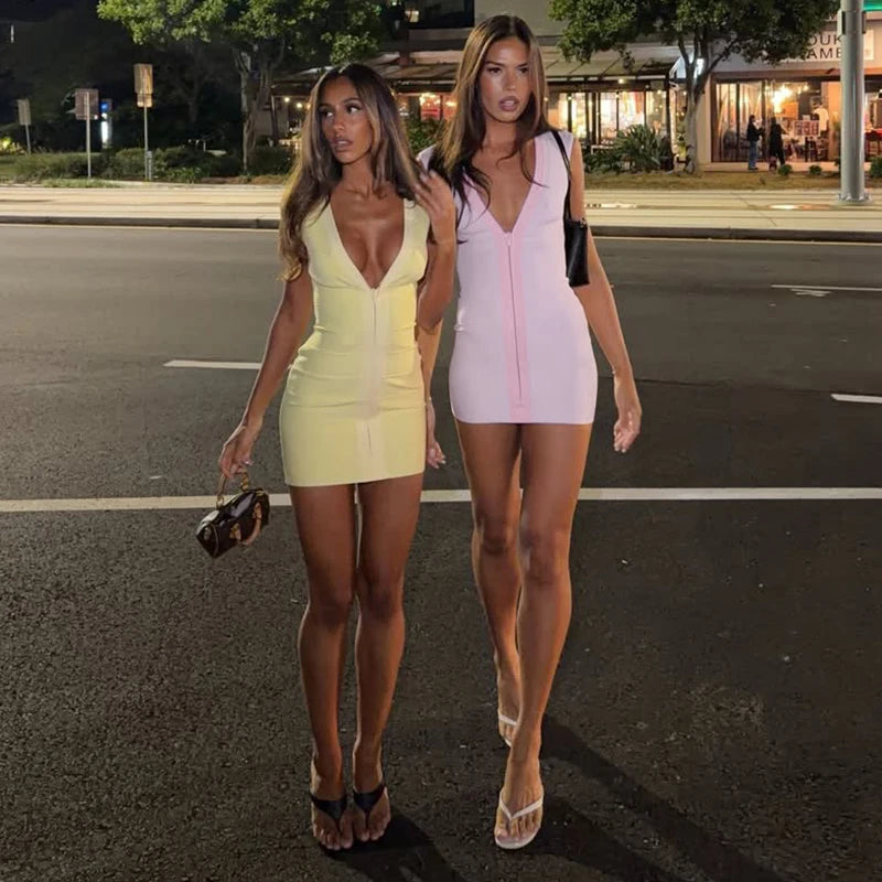 Elegant V-Neck Women's Dress Sleeveless Zippers Elastic Hip Package Lady Mini Dresses 2026 Summer Autumn Chic Female Robe