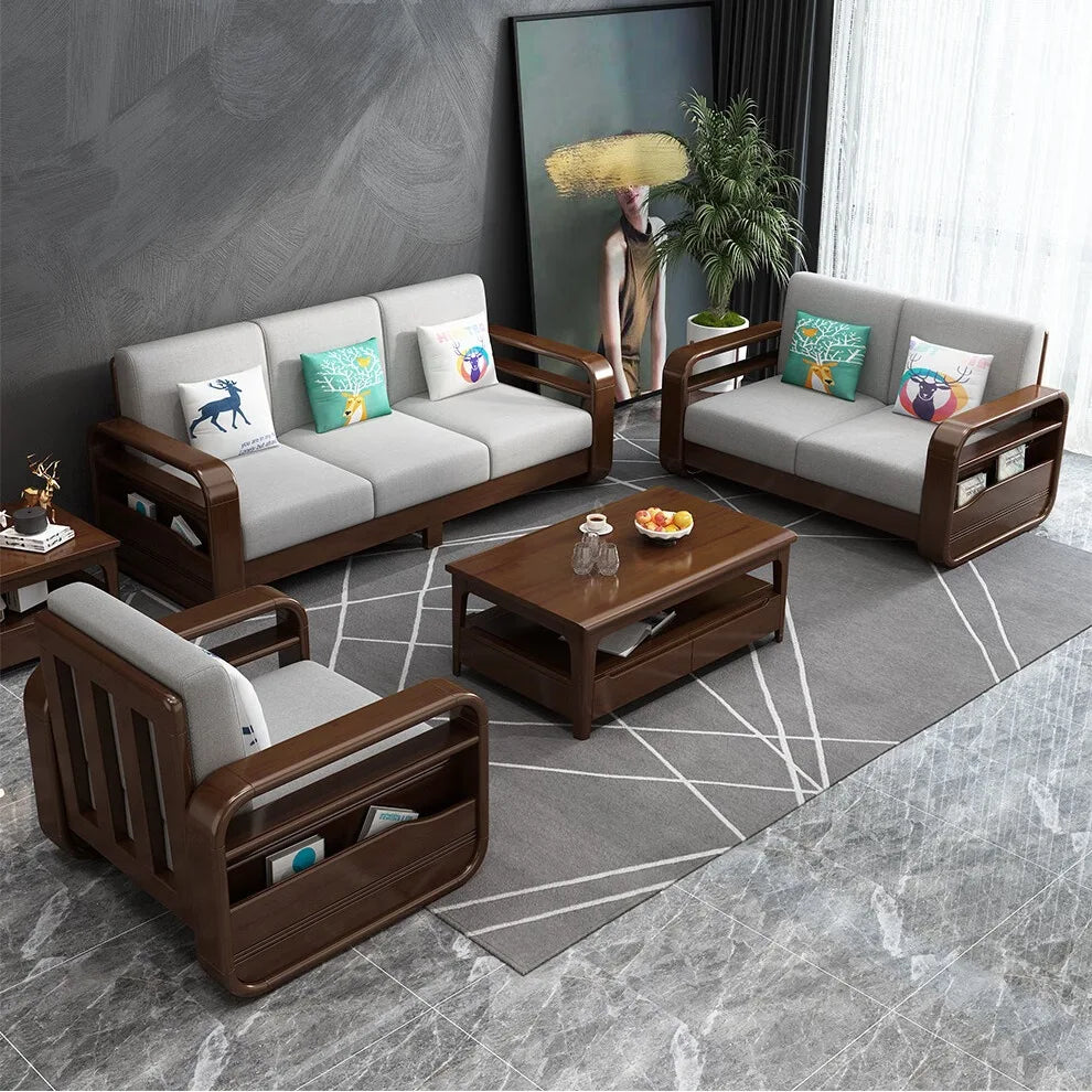 #Nordic Modern Simple Sectional Sofa Solid Wood and Fabric Living Room Furniture Set for Small Apartments