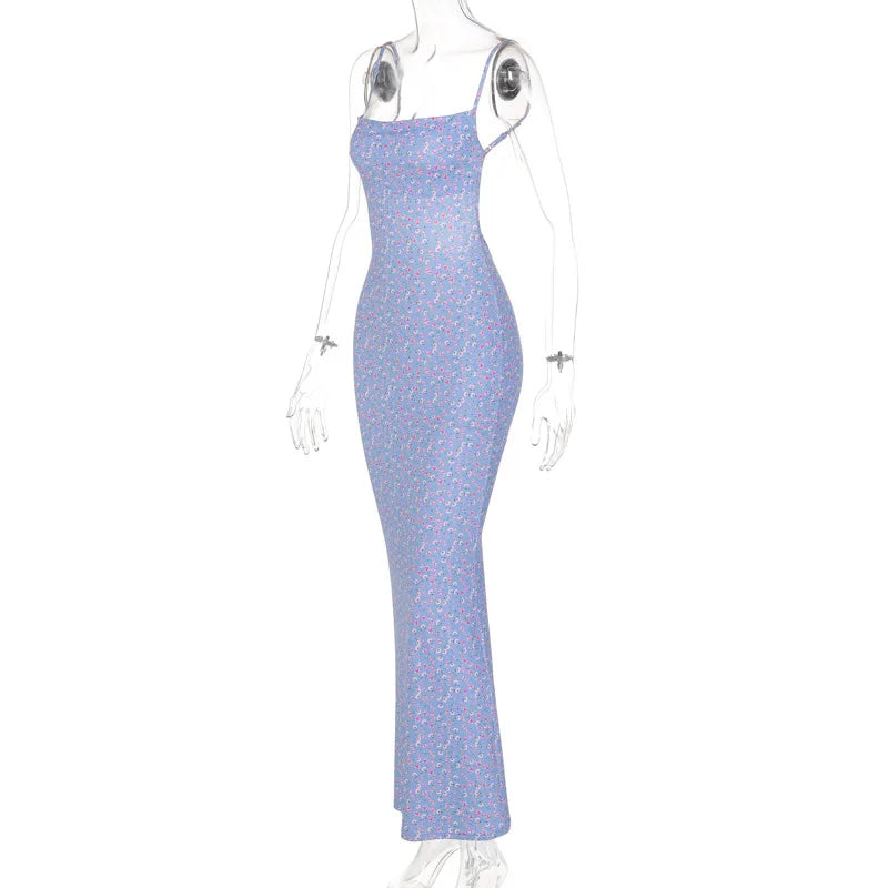 Women's Flower Print Sleeveless Backless Slim Maxi Dress Elegant Streetwear Party Clothing Spring 2025 Concise Sexy Slip Dress
