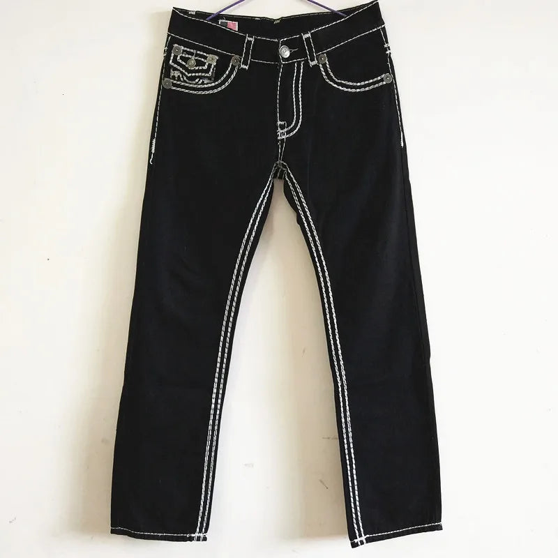 European American New Fashion Men's Black White Casual Trendy Simple Basic Straight Plus Size Denim Trousers Male Jeans Pants
