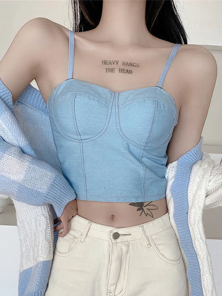 Denim Crop Top Camis Women Push Up Padded Bra Backless Sleeveless Sexy Corset Coquette Tube Top Seamless Underwear Thin Straps