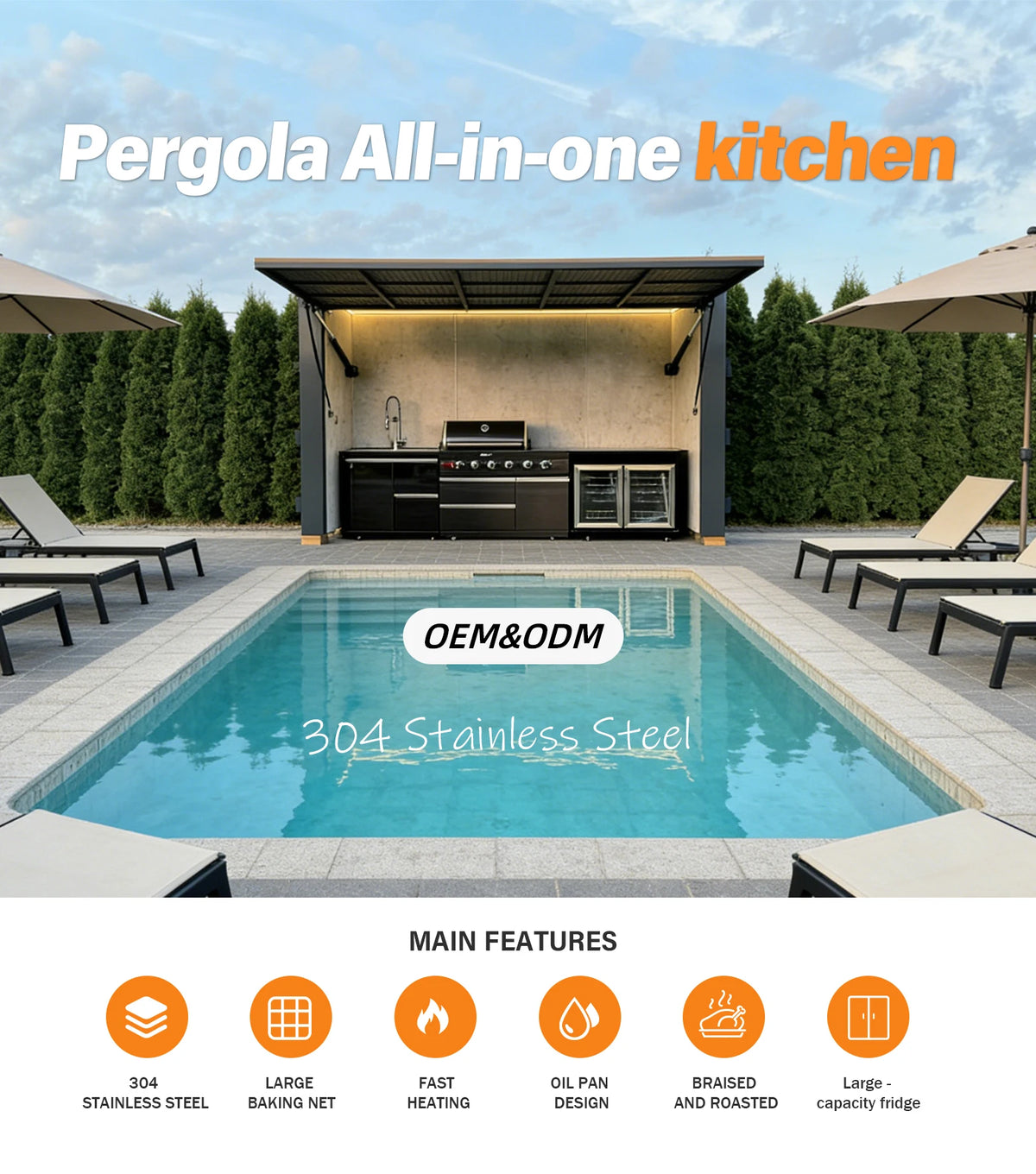 Outdoor Kitchen Set 304 Stainless Steel Grill Sink Fridge Commercial and Residential Multi Function