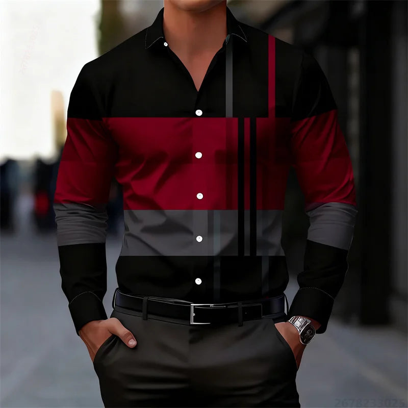 Men's color-blocked striped patchwork long-sleeved shirt, unique geometric pattern slim fit shirt, stylish men's top, XS-6XL.