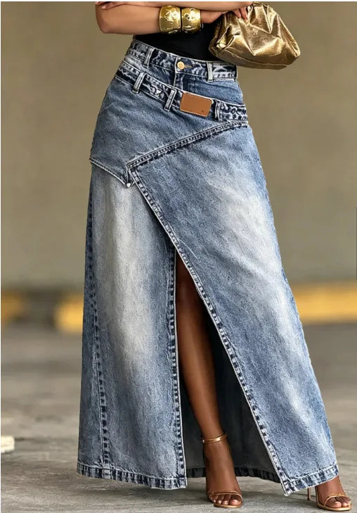 Washed Denim Maxi Skirt High Waist Asymmetric Front Slit Long Jean Skirt Irregular Patch Women Casual Split Denim Long Skirt