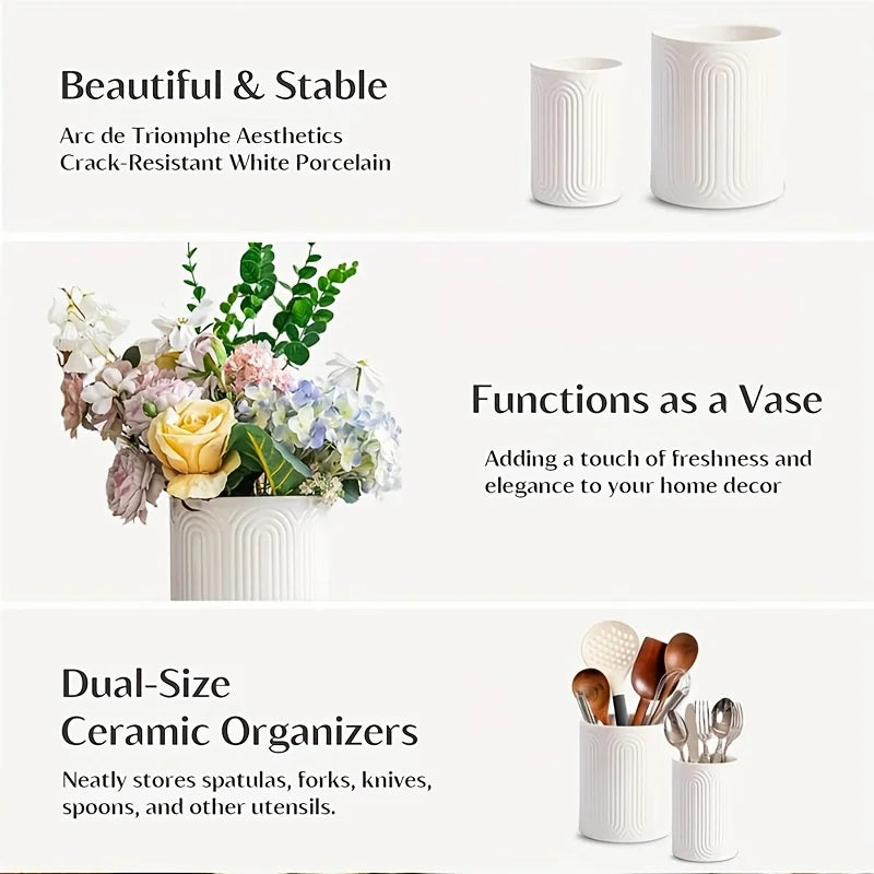 Ceramic Utensil Holder Organizer - Kitchen Countertop Storage Jar for Forks Spoons Knives, White Porcelain Canister, 1/2-Piece