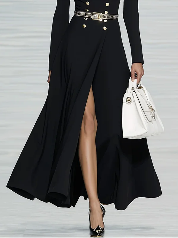 Modigirl 2025 Fall Spring Women’s Simple Black Maxi Dresses V-neck Formal Office Urban Winter Buttoned Dresses for Woman