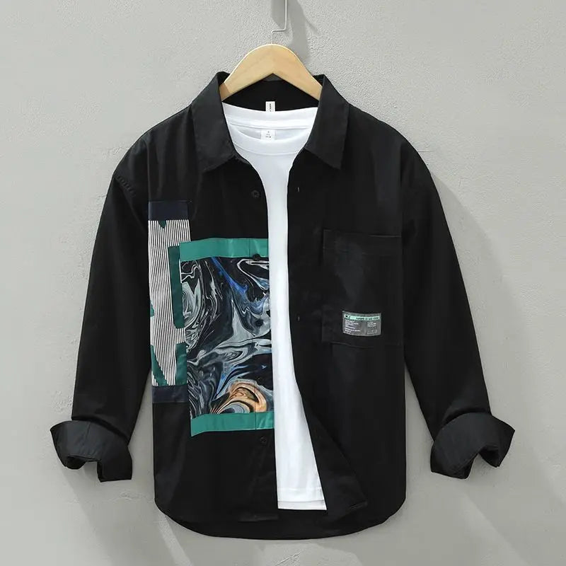 2024 Spring Autumn Men's New Spliced Square Collar Button Pocket Printed Fashion Loose Minimalist Casual Long Sleeve Shirts