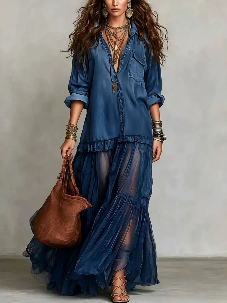 Women's Denim Maxi Dress Mesh Splice Long Sleeve Turn Down Collar Single-breasted Belted Organza Hem Casual Elegant Shirt Dress