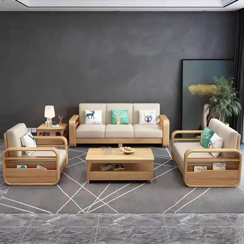 Solid wood sofa combination modern simple Nordic furniture princess living room small apartment wooden cloth armrest storage sof