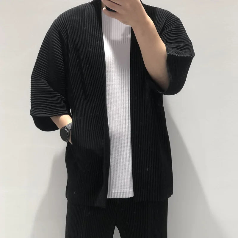 Pleats Original Design Men's Jacket 2024 Spring Summer Half-sleeved Cardigan Pleated Loose Large Size Short-sleeved Jacket Suit