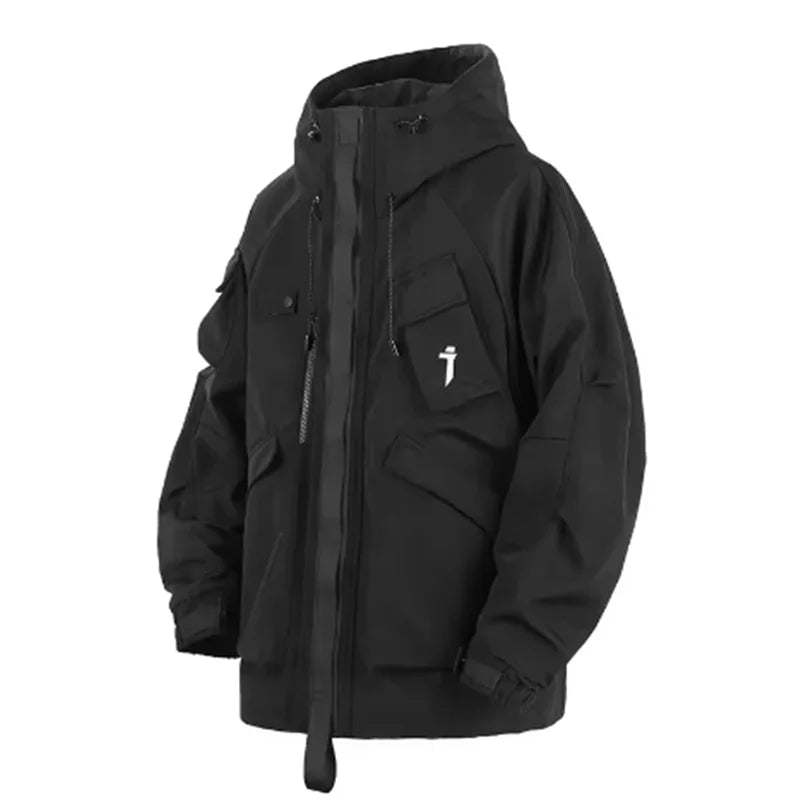 Spring New 2025 Outdoor Hardshell Jacket Men's Loose Punk Style High Street Stand Collar Hooded Coat Fashion Personality Top