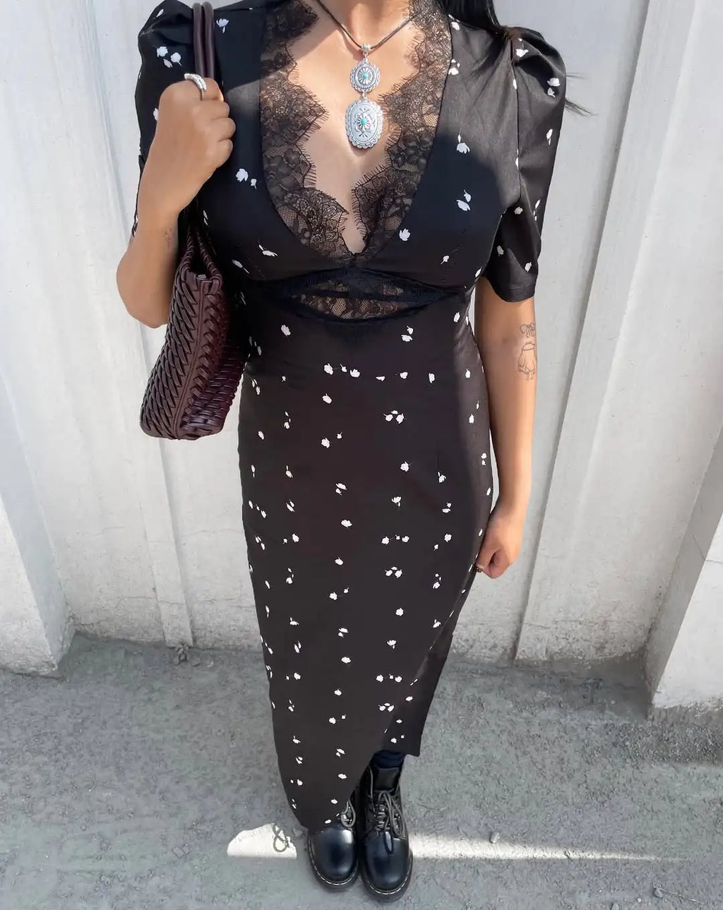 Satin Lace Patchwork Print Dress Women Black V-neck Short Sleeves High Waist Long Dresses Lady Hollow Out Daily Party Vestidos