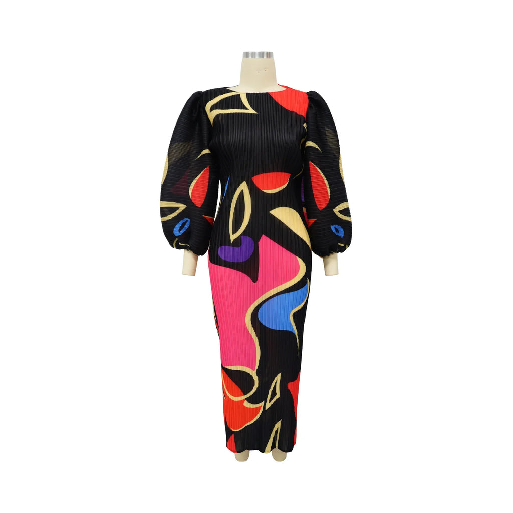 Elegant Women Pleated Half Lantern Sleeve O-neck Slim Maxi Long Dress Print Fashion Autumn 2025 Ruched Dresses Vestidos