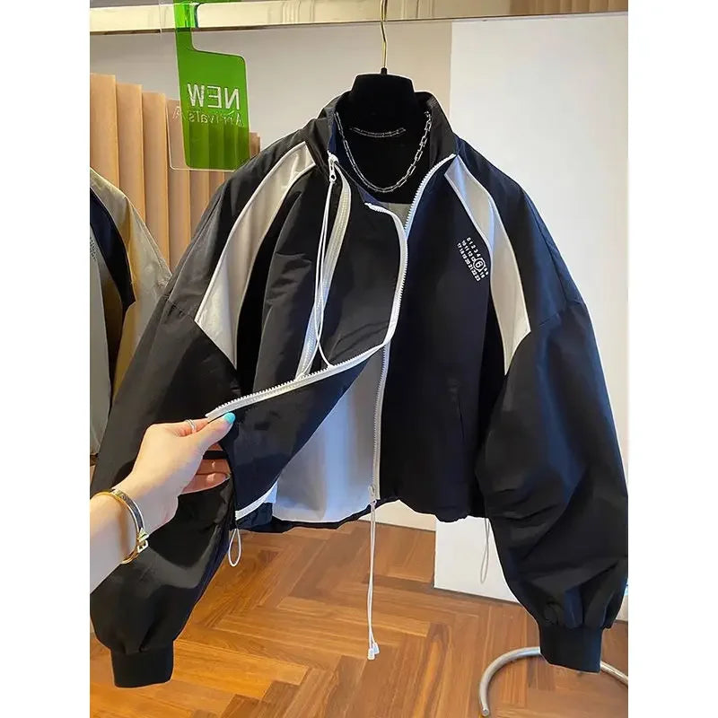 Retro Street INS Style Double Zipper Women's Stand Up Collar Jacket Spring and Autumn Casual Loose Y2k Long Sleeve Top Coat