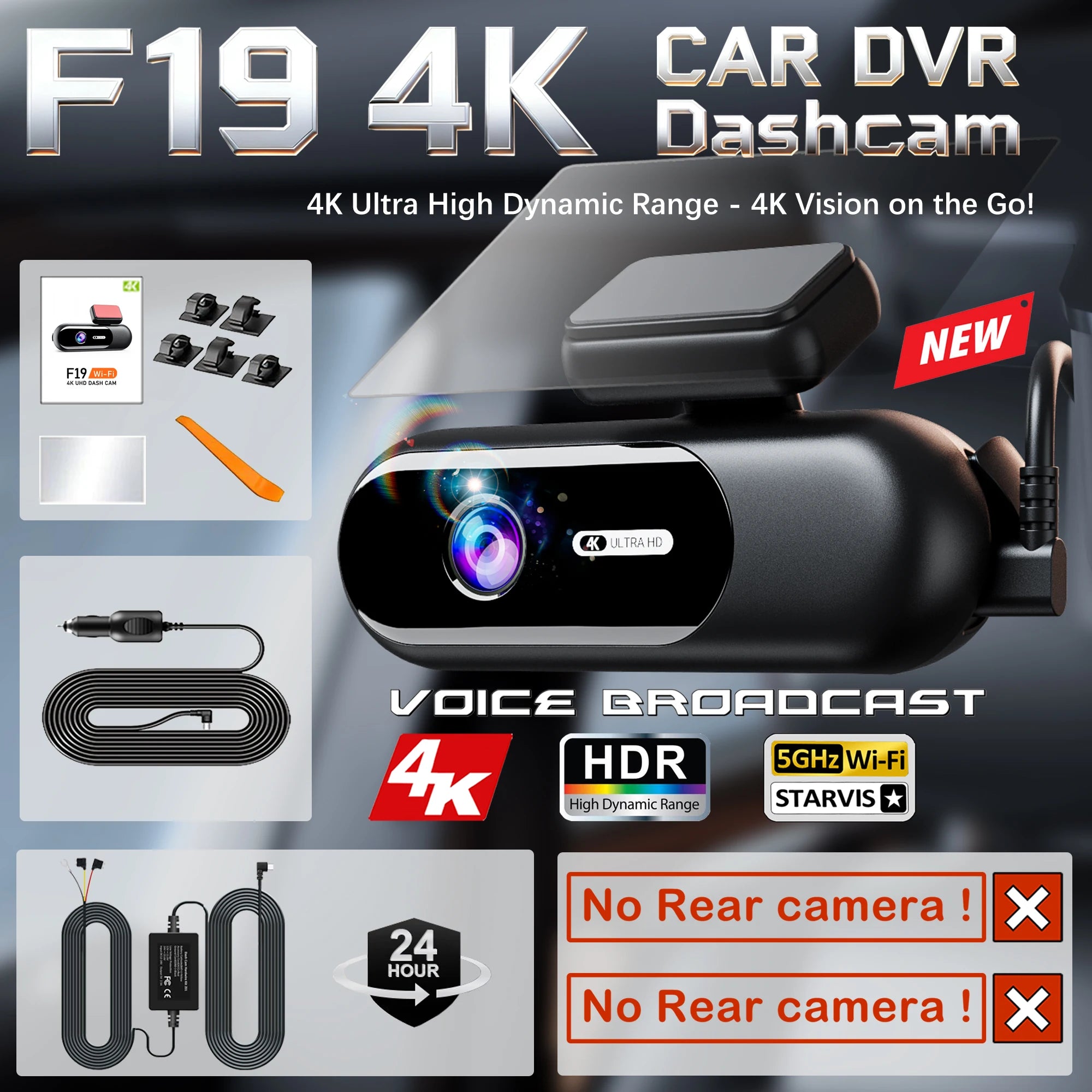 Dash Cam for Cars 4K UHD Recording Front Rear Car Camera HDR Night Vision Recorder Built in Wi-Fi 24H Parking Mode APP Monitor