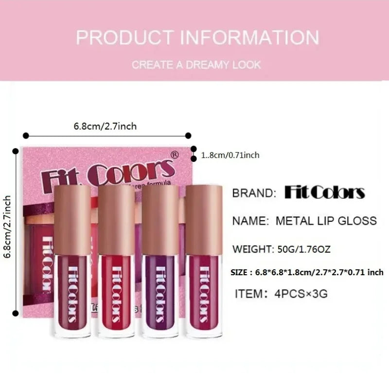 Fit Colors 4-Piece Velvet Lip Gloss Set - Non-Transfer Matte Diamond Finish Long-Lasting Waterproof Lip Gloss Collection
