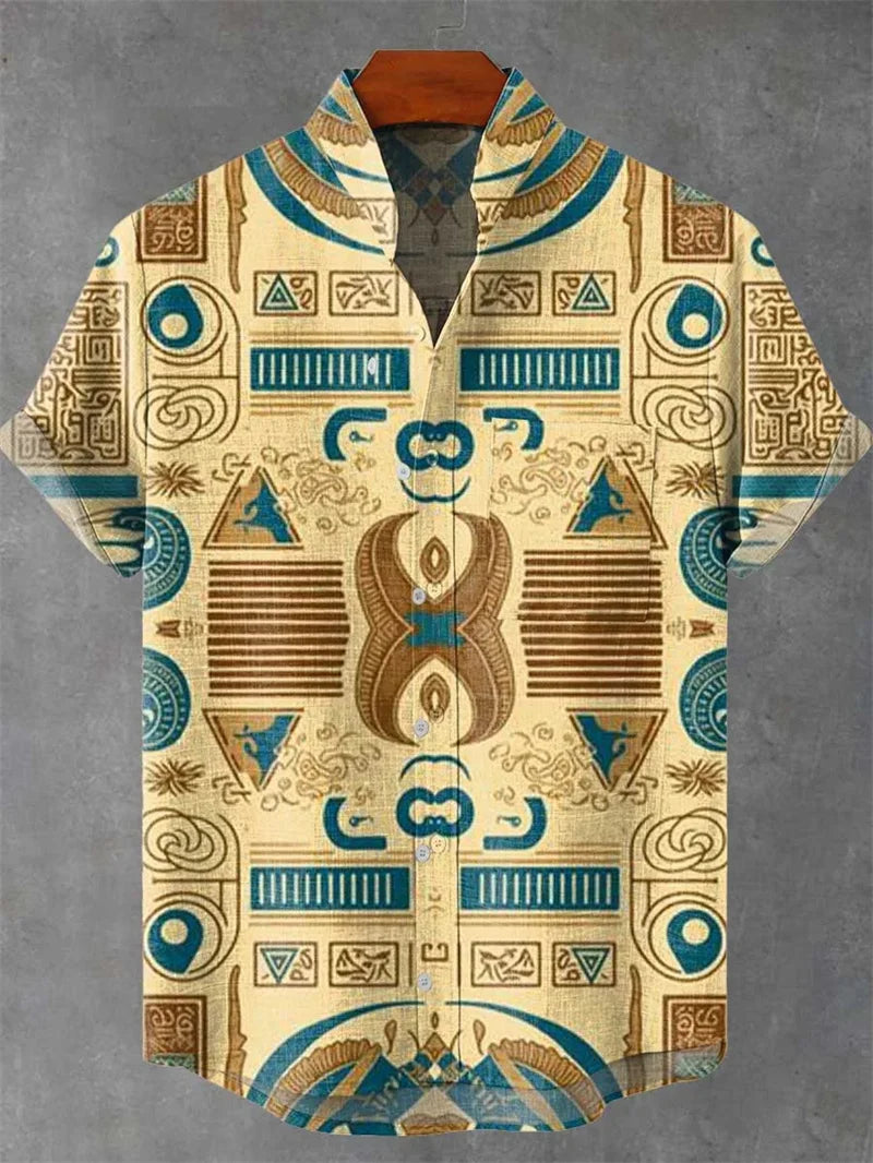 Men's Vintage Art Shirt Vintage Abstract Geometry World Tree Print Short Sleeve Linen Casual Shirt Men's Holiday