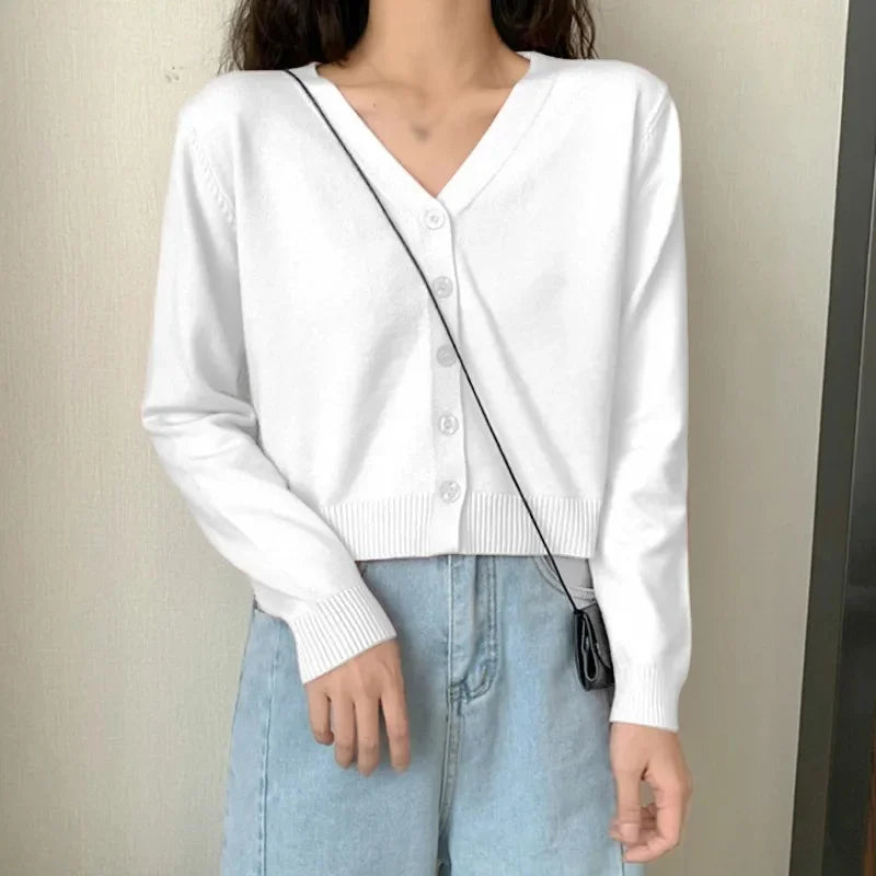 2025 Women's Long Sleeve Cropped Cardigan V Neck Button Down Knit Lady Autumn Spring Knitted Single-breasted Cardigan Sweaters