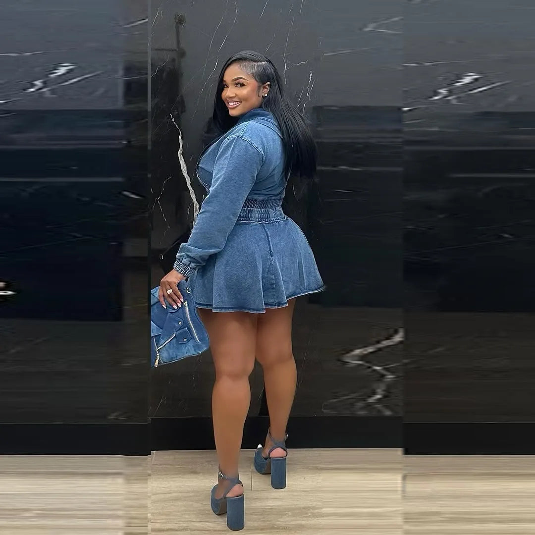 CM.YAYA Denim Women Set Street Long Sleeve Hooded Jacket and A-line Ball Gown Skirt Suits Two 2 Piece Jeans Set Summer Tracksuit