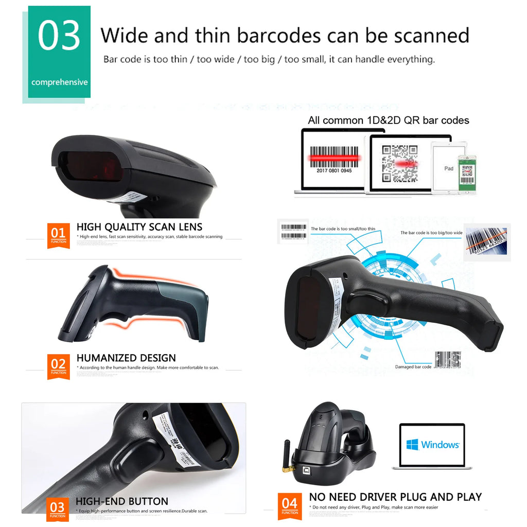 Barcode Scanner with Charger Base Stand 1D 2D QR Codes Reader BT Wireless Barcode Reader Supermarket Mobile Payment PDF417 H8
