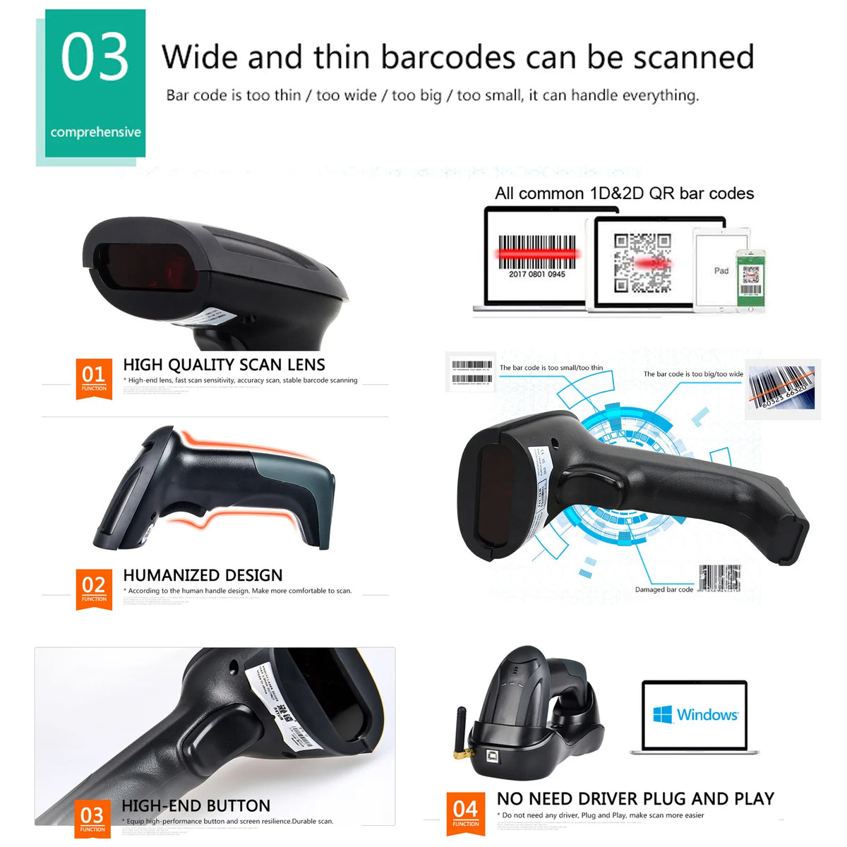 Barcode Scanner with Charger Base Stand 1D 2D QR Codes Reader BT Wireless Barcode Reader Supermarket Mobile Payment PDF417 H8