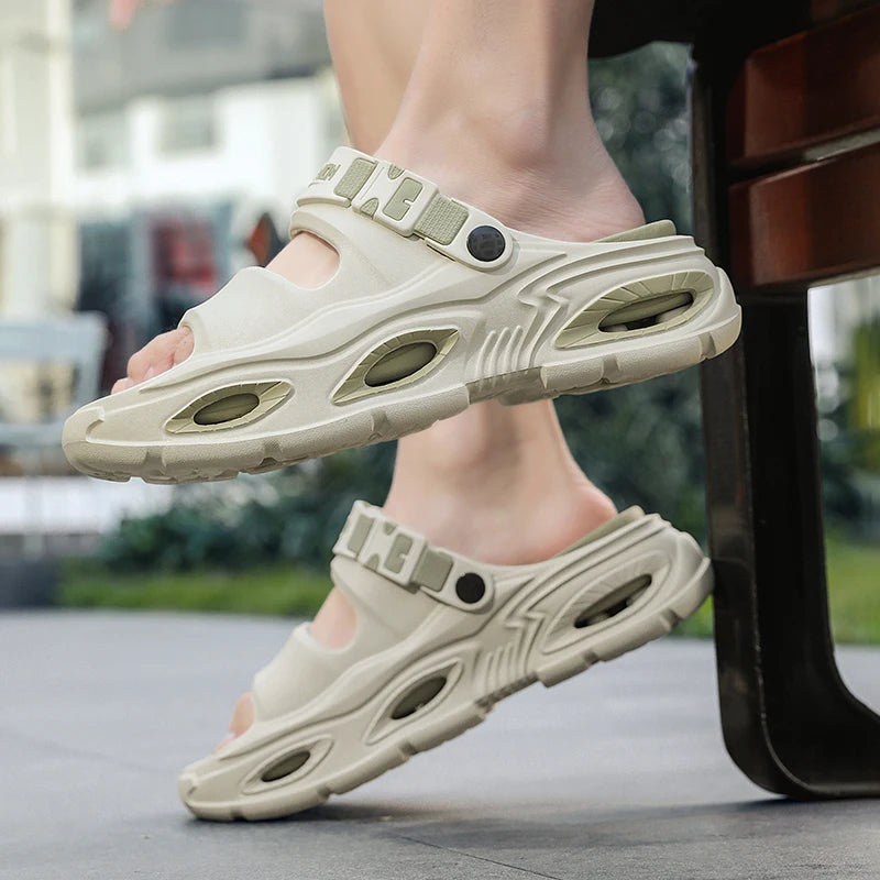 Summer New Style Men's Simple Hollow-Out Dual-Wear Beach Flip-Flops, Sizes 38-45, Thick-Soled Drainage Eva Sandals