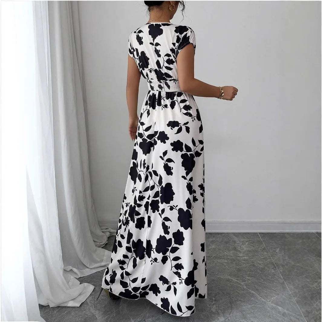 2026 Women's New Fashion Casual Daily Comfortable Elegant Lace-up Floral Print V-neck Short Sleeve Waist Women's Long Dress