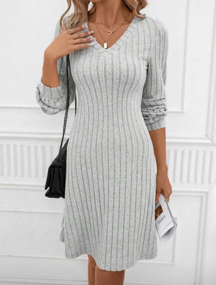 Solid Color Long Sleeve Knitted Ribbed Women Mini Dress Winter Warm V-neck Pit Stripe Dresses Casual Party Vacation New Clothes