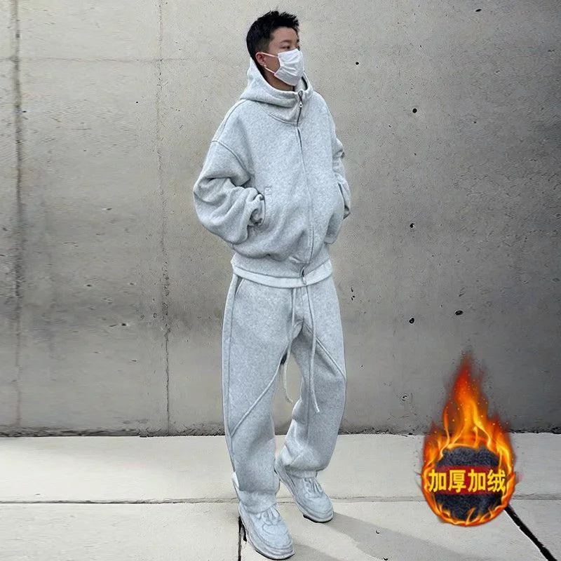 Casual Sports Suit Men's Velvet Thickened Loose Hooded Jacket Sweatshirt Sweatpants Two-piece Set