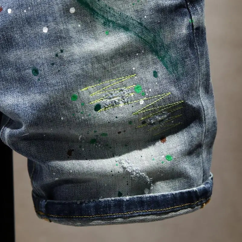 Washed Ripped Denim Men's Trendy Brand Spray Paint Medium Summer Thin Elastic Patch Bermuda Short Pants Men's Jeans Shorts