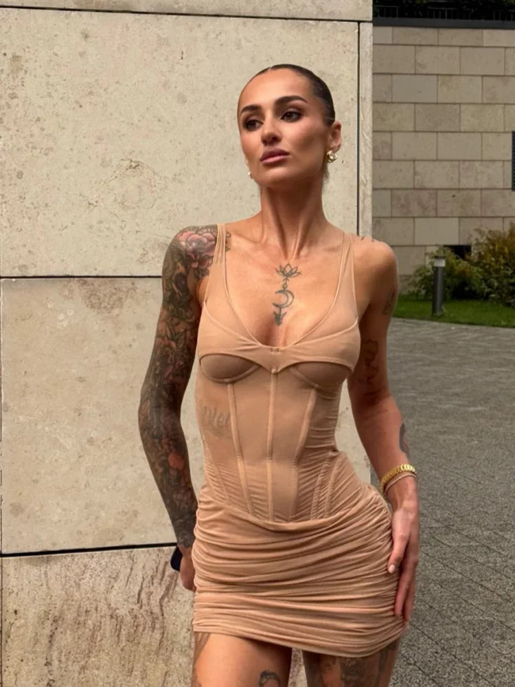 Women's Solid Boned Waist-Cinching Spaghetti Strap Mini Dress Lace Spliced V-Neck Lace Hem Dress 2026 Summer Lounge Date Gown