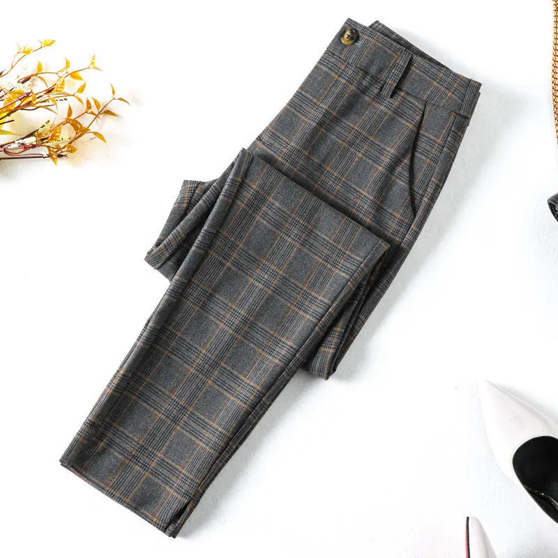 Office Lady Slim Woman Clothing Plaid Suits Pants Spring Autumn New Korean Fashion Vintage High Waist Straight Casual Trousers