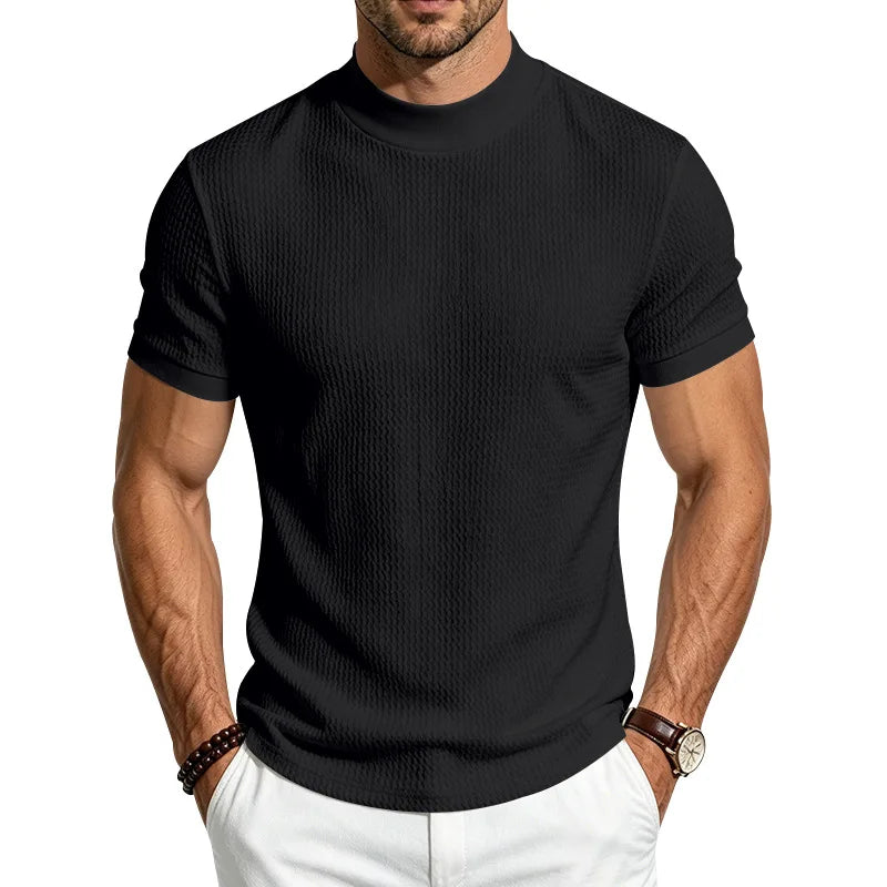 Men Summer Solid Jacquard Textured Mock Neck Short Sleeve T Shirt Slim Fit Simple Versatile Casual Daily Male Basic Tees