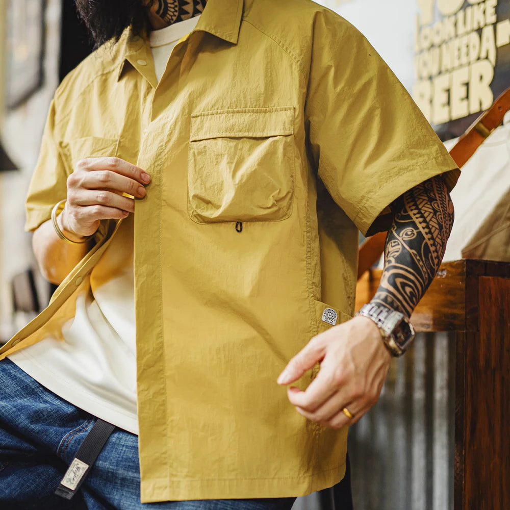 Maden Outdoor Single-breasted Short Sleeve Shirt Men's Summer Quick-Dry Lightweight Chest Pocket Blouse Loose Fit Travel Shirt