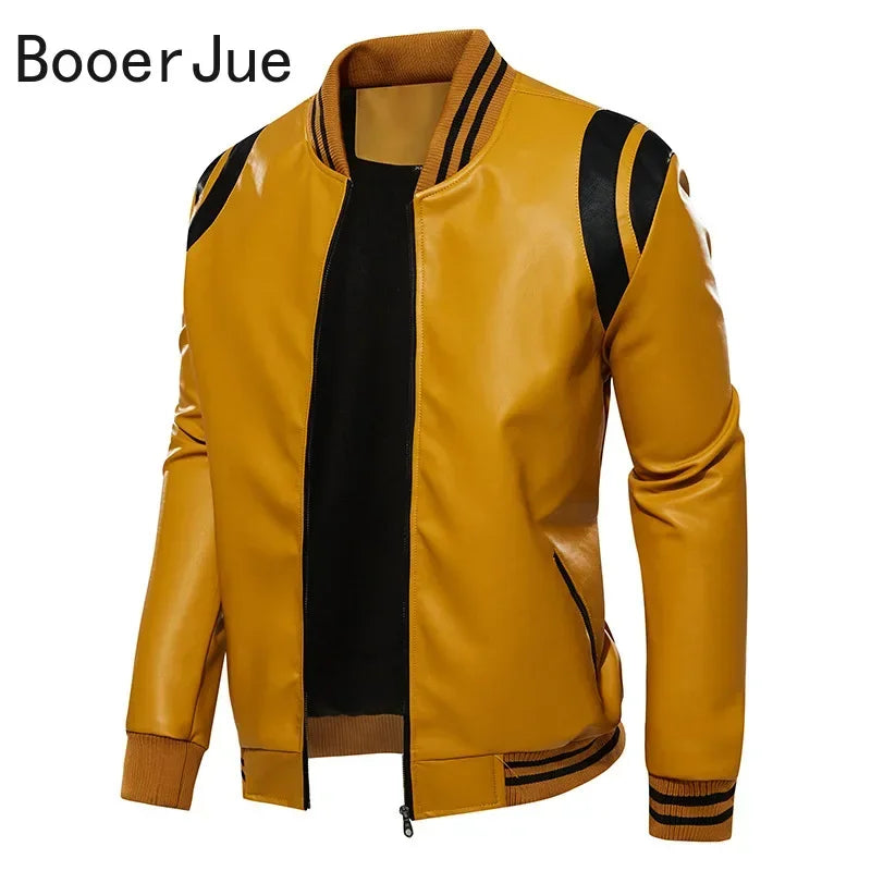 Motorcycle Men Leather Jacket Patchwork Biker Coat Motorcycle Jackets Mens Winter Casual Fleece Warm Coats Stripe Loose Outwear