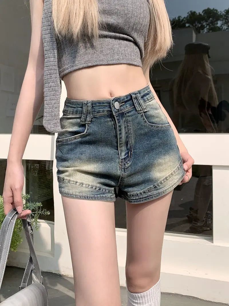 Retro Washed Denim Shorts for Women High Waist Slimming Hot Pants Mini Skirt Y2K Style Summer Fashion Small Stature Sexy Look