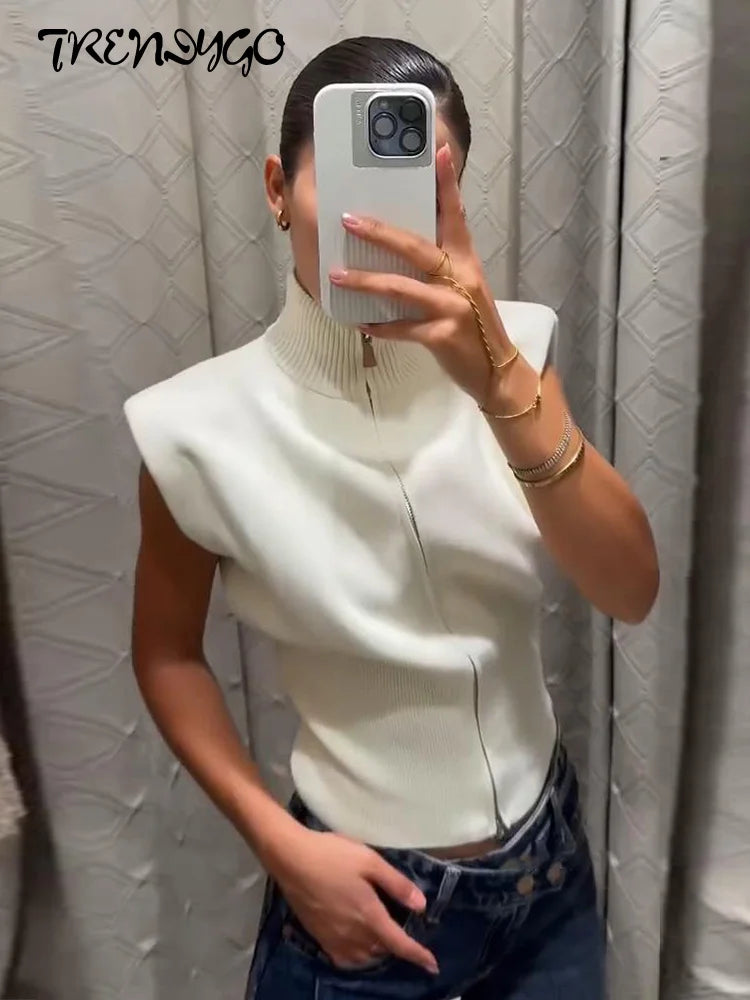 Women's Knitwear Half Turtleneck Double Zipper Knitted Vest Autumn Female Sleeveless Waist Cinching Solid Slim Cardigan New Tops