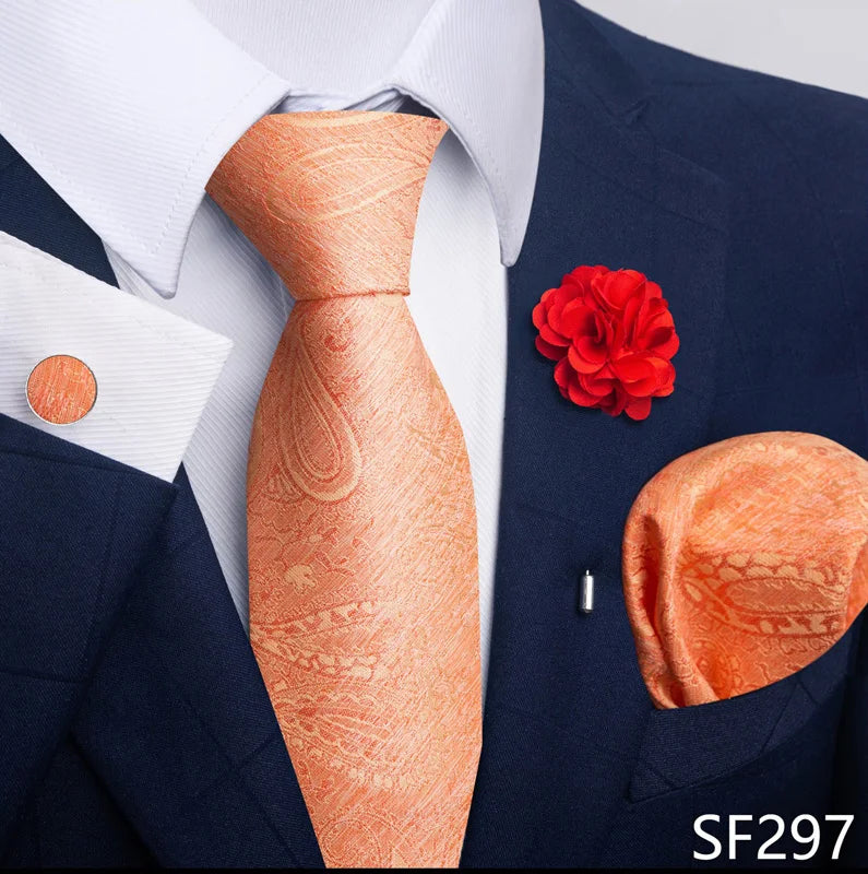 Hot Sale Luxury 8 Cm Blue Floral Ties Pocket Square Cufflinks Brooch Set For Man Suit Accessories Holiday Gift Fit Formal Party