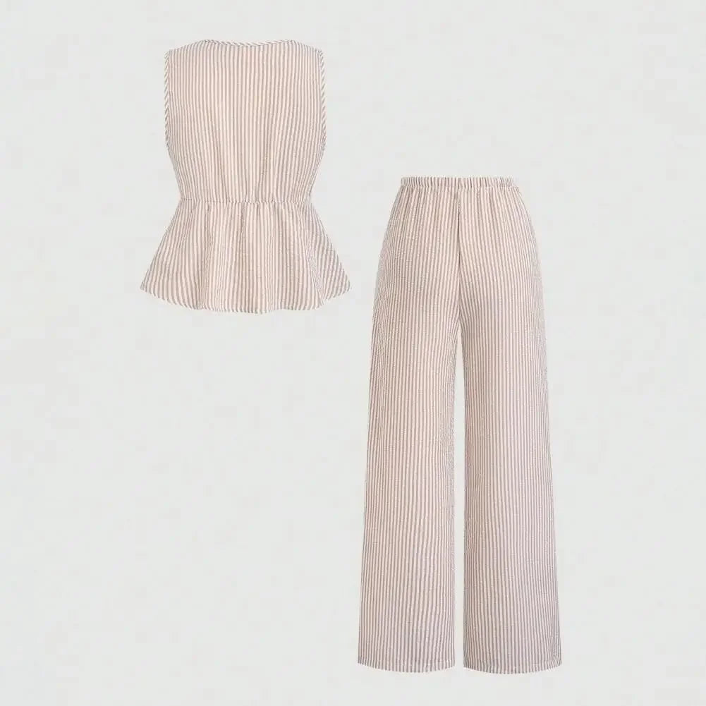 Women's Striped 2 Piece Outfits Tie Front Ruffle Tank Top Loose Fit Women Suit Summer Casual Sleeveless Lounge Sets