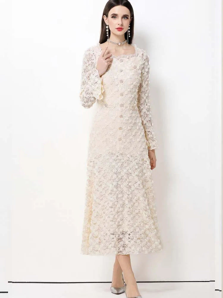 Elegant Square Neck Lace Three-Dimensional Flower Trumpet Sleeve Slim Fit Dress 2025 New Fashionable Autumn Women'S Clothing
