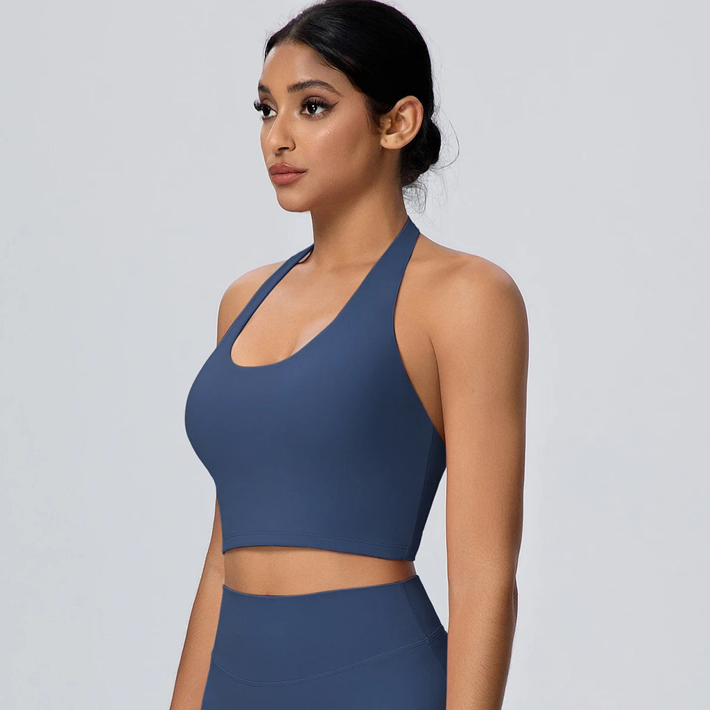 Woman Solid Color Sexy Neck Strap Bra Yoga Underwear With Chest Pad Backless Gather Shockproof Gym Workout Top Sports Yoga Bra