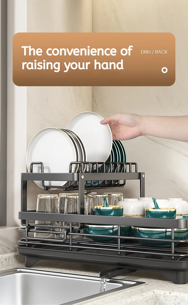 Dish Drying Rack Adjustable Kitchen Plates Organizer with Drainboard Over Sink Plate Drainer Storage Organizer