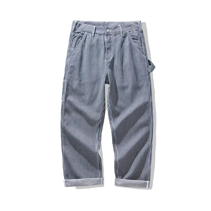 3903 Good Quality Striped Jeans For Man Multi Pockets Cargo Style Straight Casual Loose Trendy Streetwear Boyfriend Denim Pants