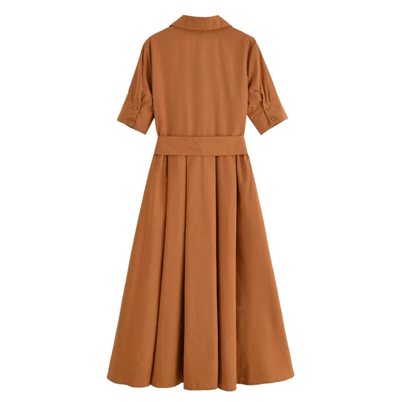 Women Long dress With Belt Spring Poplin Lady Short Sleeve Dress Pocket Women's Midi Dress Side Zipper Female Dresses