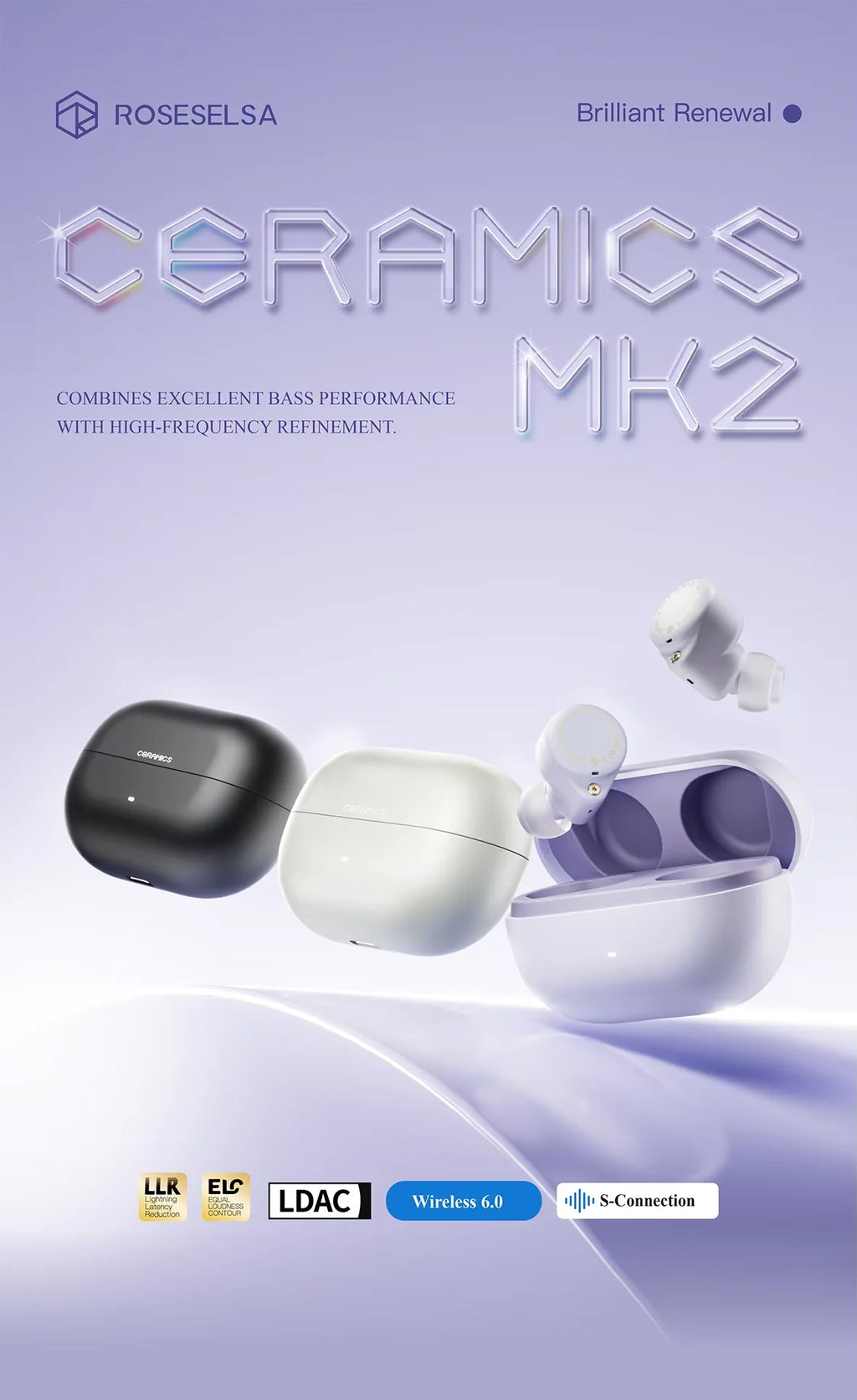 CERAMICS MK2 TWS Earbuds, 40dB ANC, Bluetooth 6.0, Hi-Res LDAC, IPX4 Sweatproof, 45H Playtime, HD Mics, Game Mode, Dual Connect