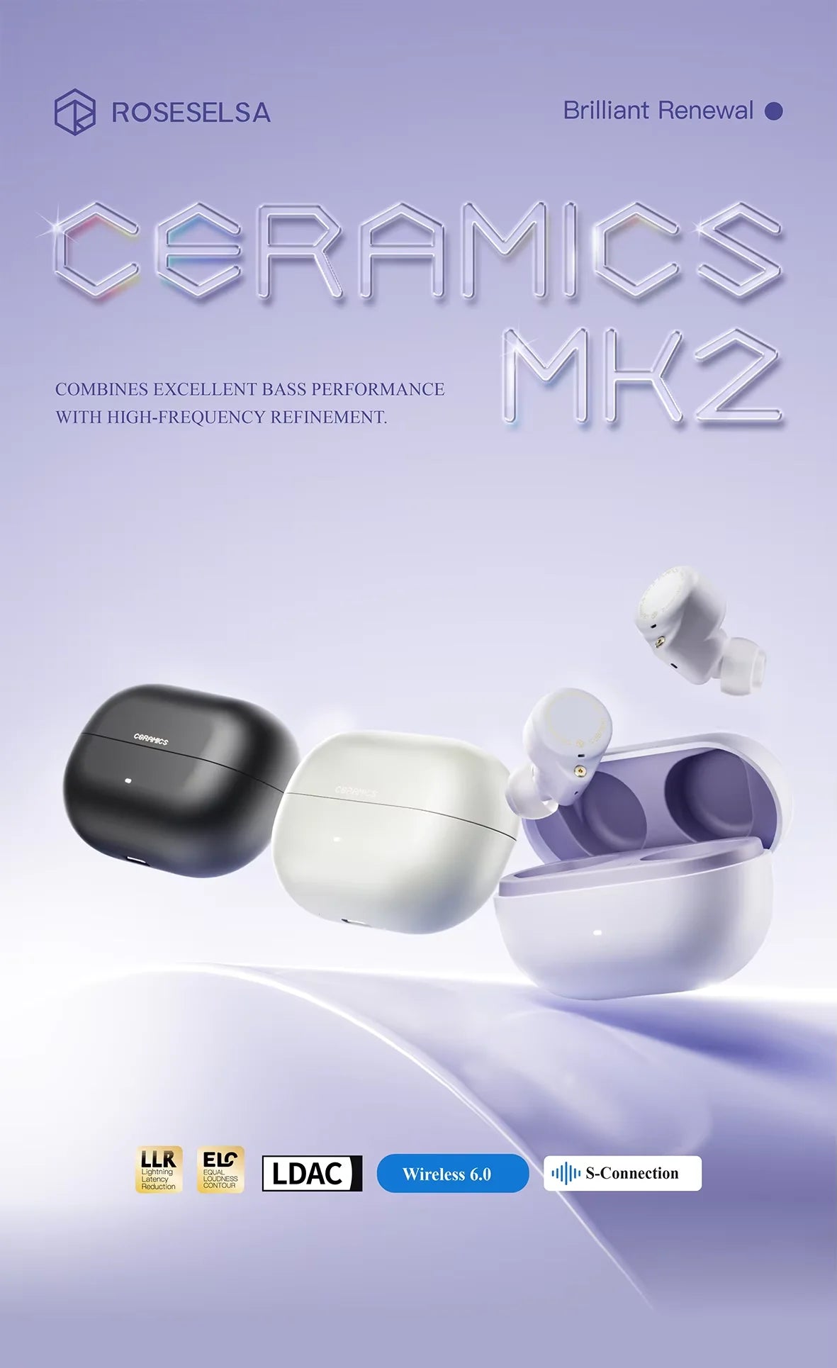 CERAMICS MK2 TWS Earbuds, 40dB ANC, Bluetooth 6.0, Hi-Res LDAC, IPX4 Sweatproof, 45H Playtime, HD Mics, Game Mode, Dual Connect